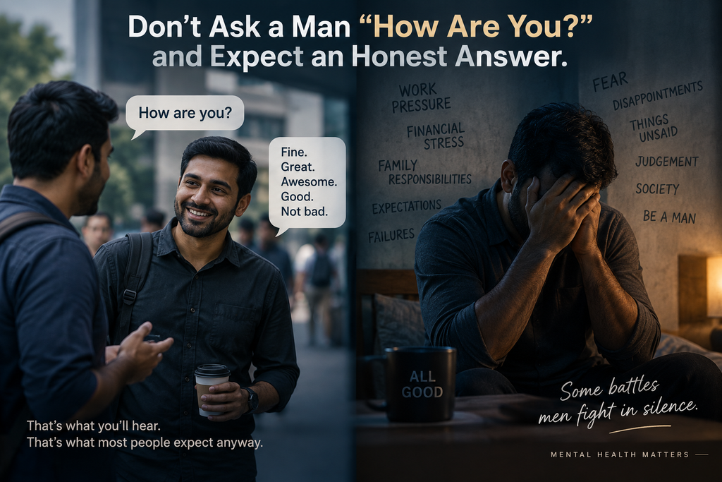 A man smiling and saying “How are you?” while hiding emotional stress, contrasted with another image of a man sitting alone and overwhelmed by work pressure, family responsibilities, fear, disappointment and unspoken emotions.